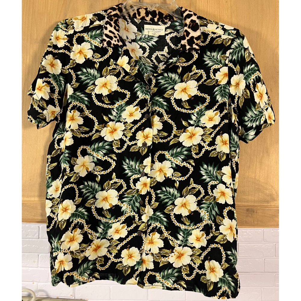 Denim & Supply Ralph Lauren Floral Shirt Womens XL Black Leopard Trim